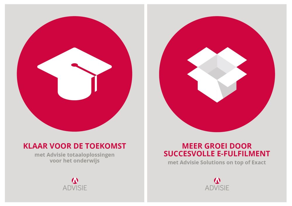 Een banner met de Advisie t otaaloplossingen voor het onderwijs en de Advisie Solutions on top of Exact