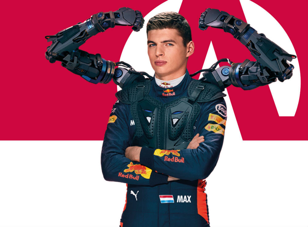 Een promotieposter voor Exact Live met Max Verstappen in combinatie met robotarmen